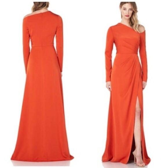 TANGERINE Prom Gown Kay Unger Long Sleeve  Asymmetrical Lined  Core NWT size 6 - Picture 2 of 9